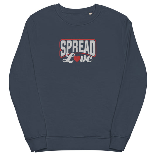 french navy sweatshirt with "spread love" graphic colored white with a red heart replacing the "o"