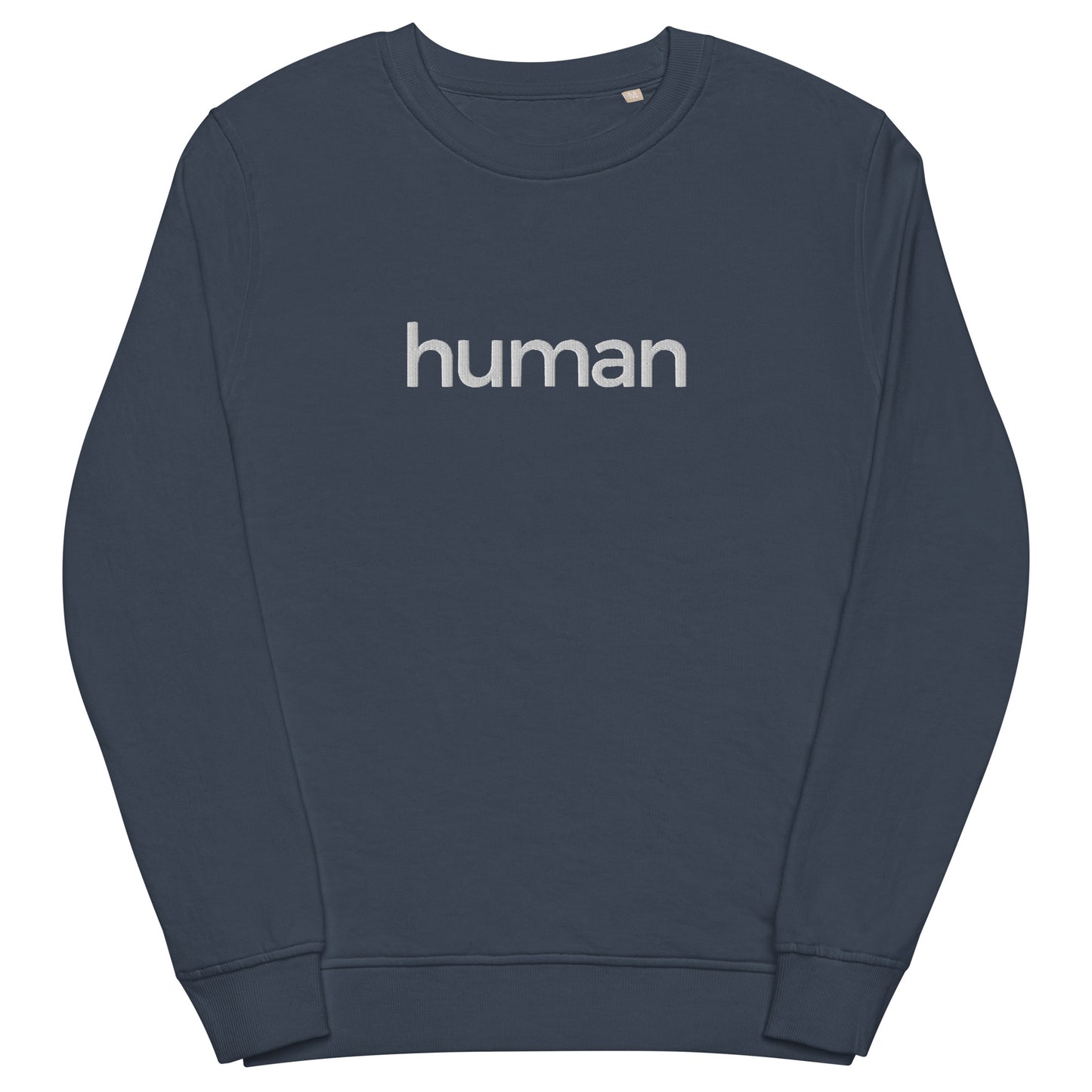french navy blue sweatshirt with "human" graphic colored white