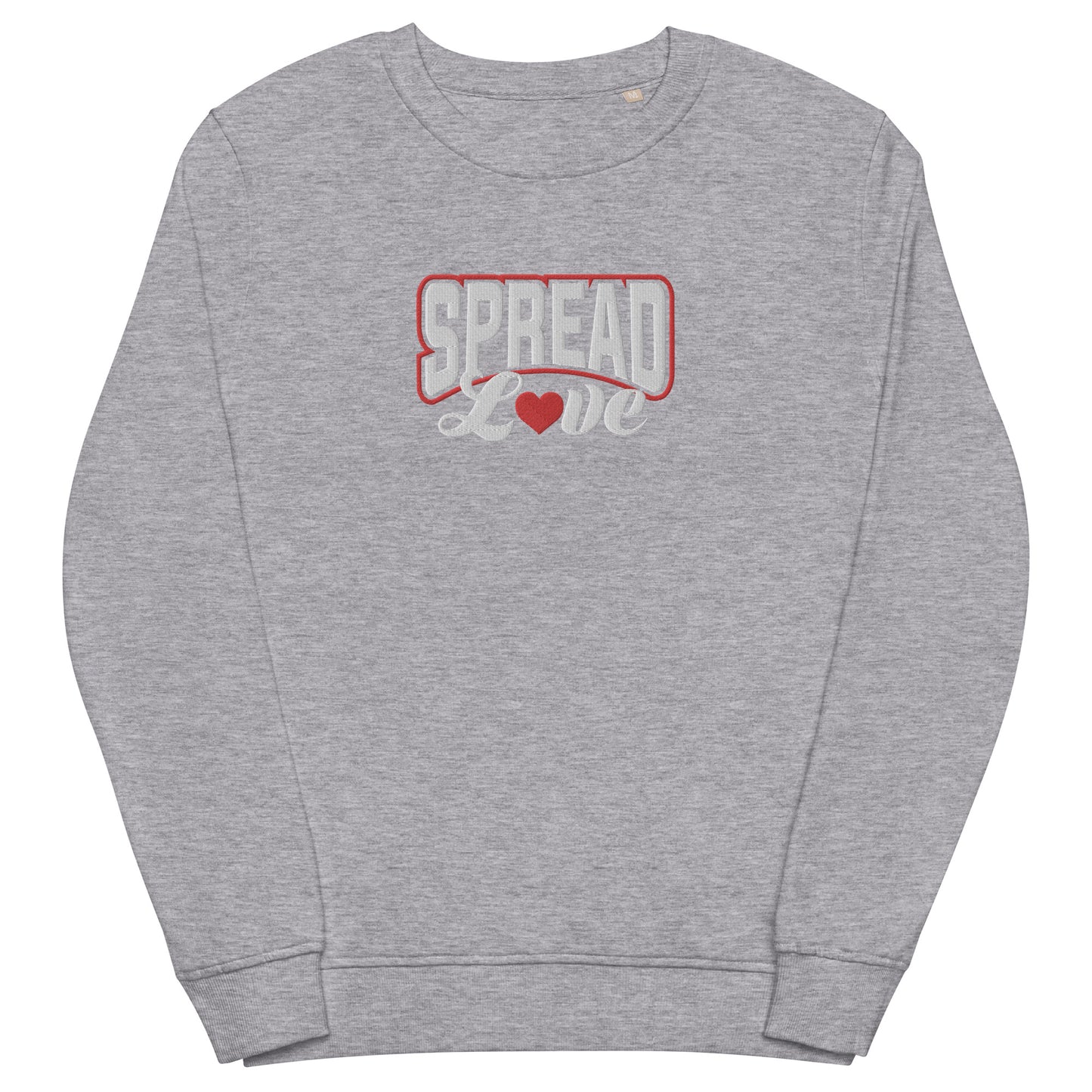 melange gray sweatshirt with "spread love" graphic colored white with a red heart replacing the "o"