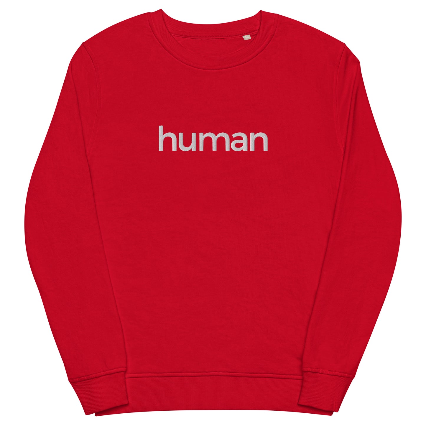 red sweatshirt with "human" graphic colored white