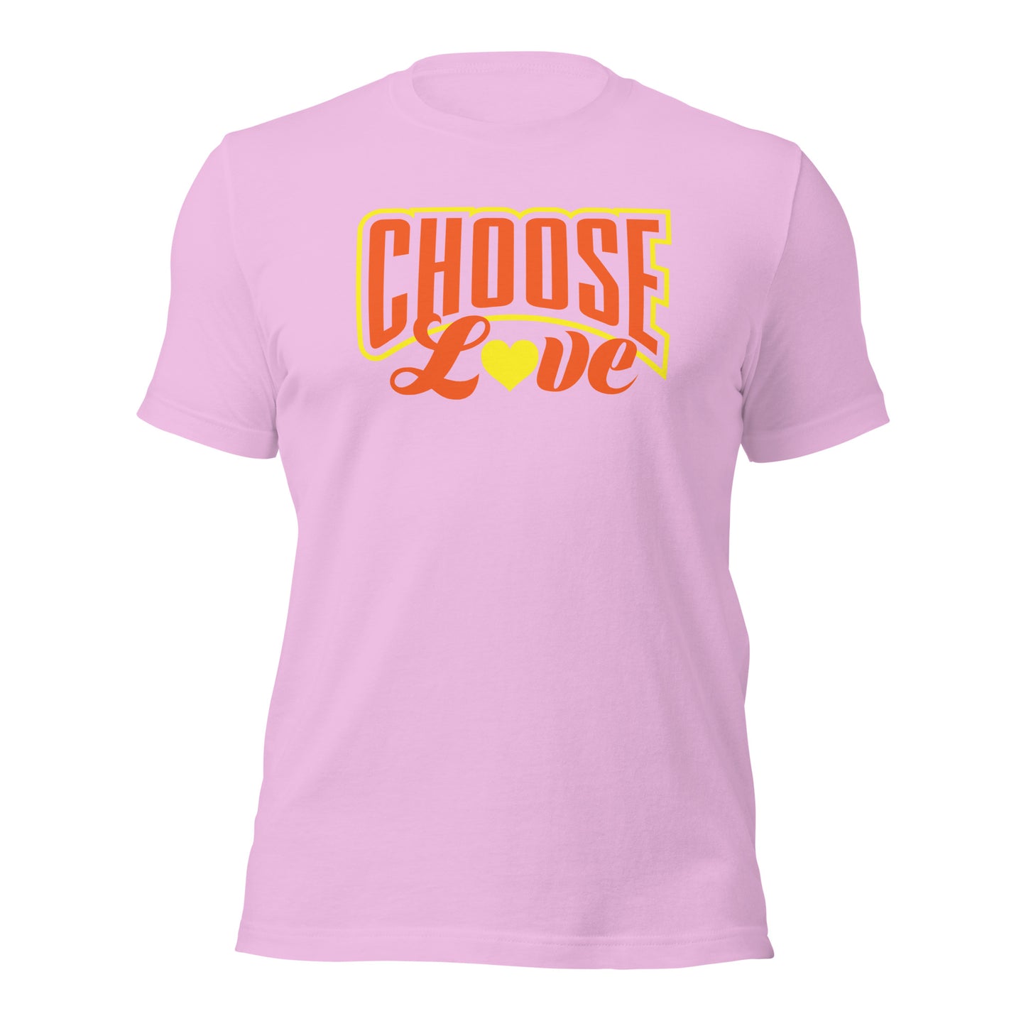 pink t-shirt with 'CHOOSE LOVE' orange and yellow text and yellow heart graphic on a white background