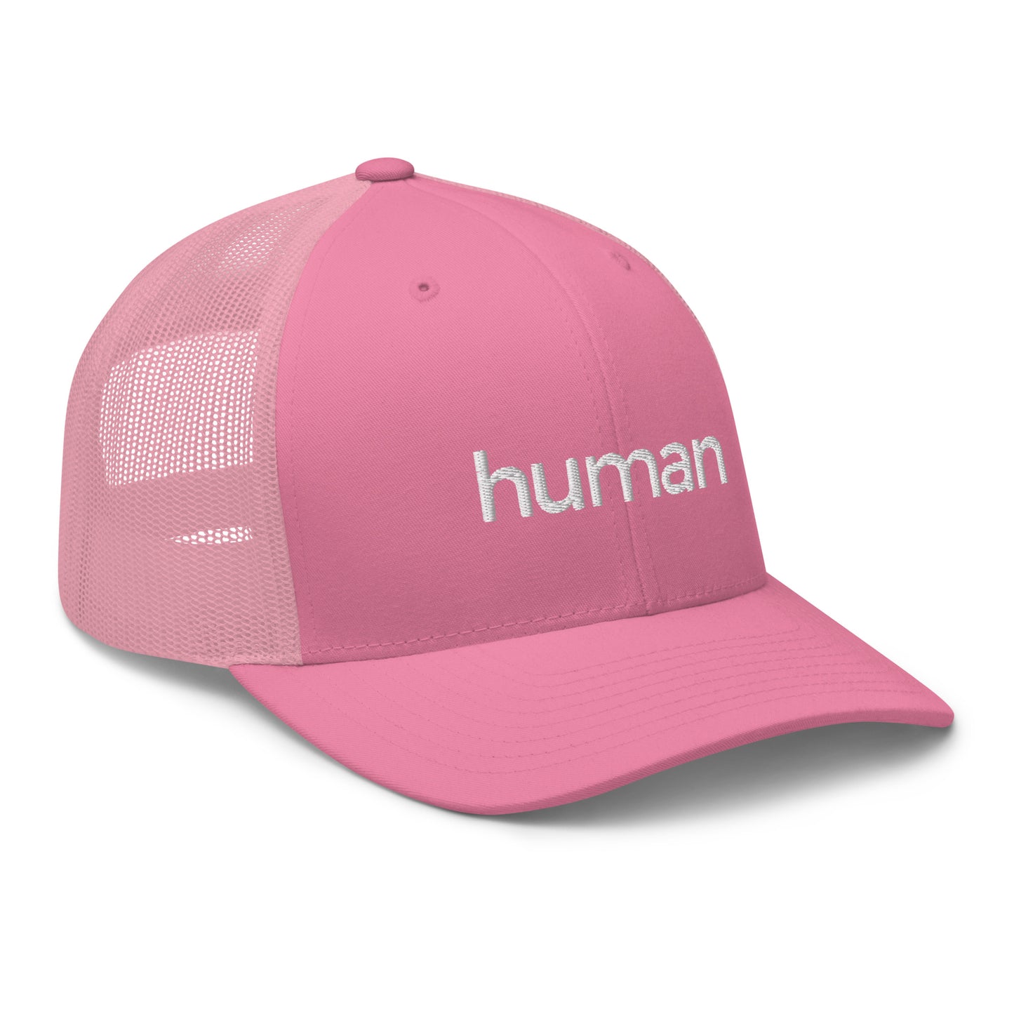 pink human retro trucker hat against white background