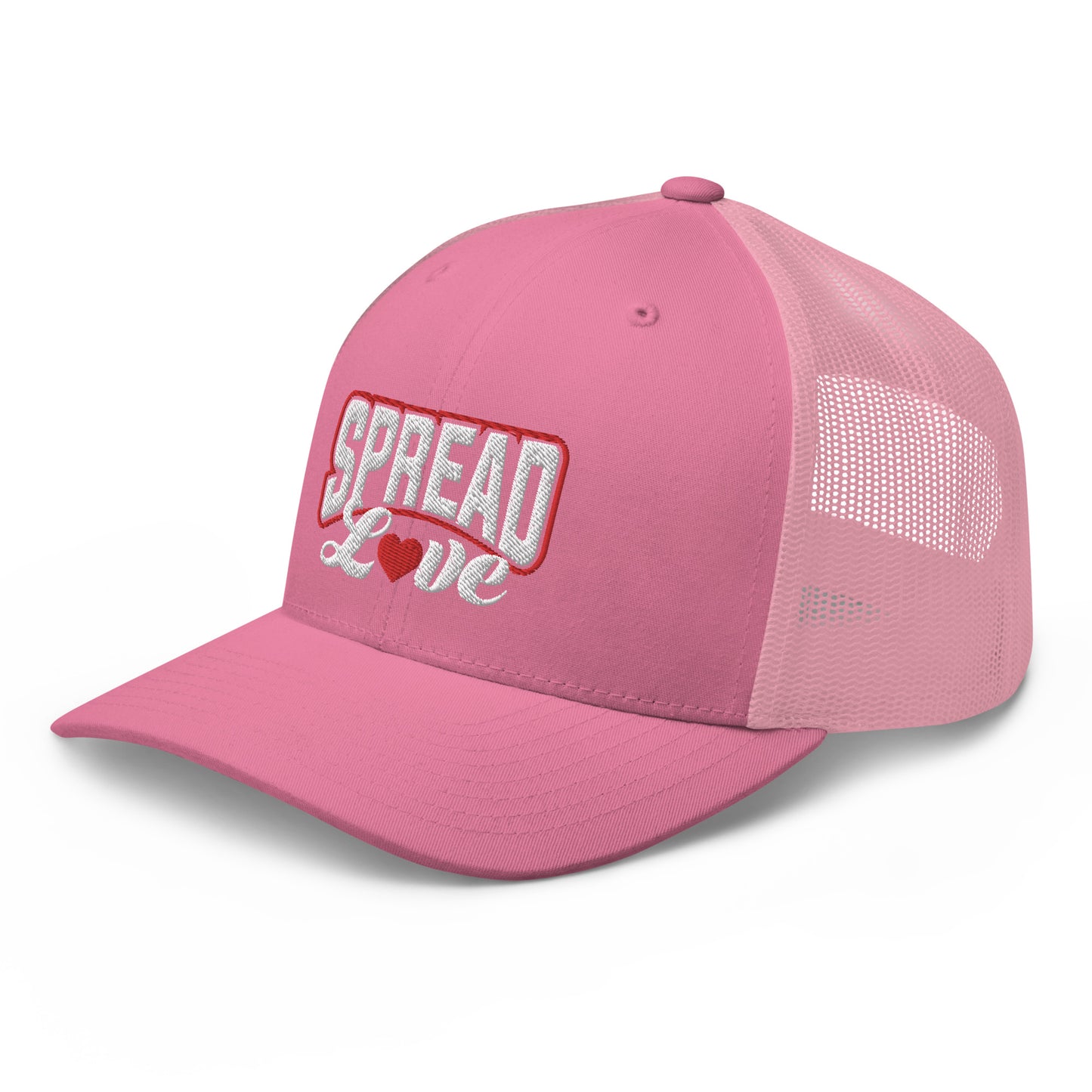 A pink trucker cap with a breathable mesh back, featuring the text 'SPREAD LOVE' in red and a red heart symbol on the front.
