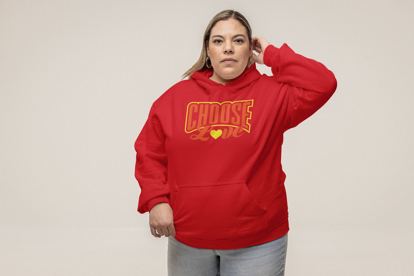 plus sized woman wearing red nelalane choose love hoodie