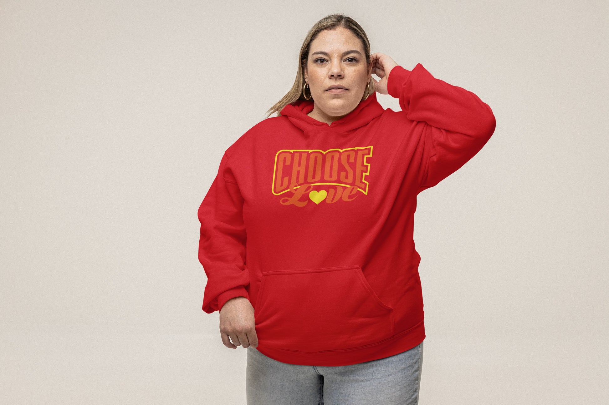 plus sized woman wearing red nelalane choose love hoodie