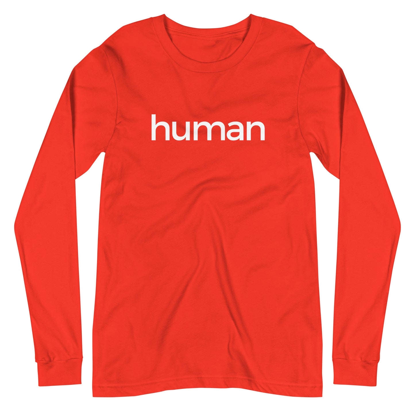 poppy long sleeve "human" graphic t-shirt against a white background