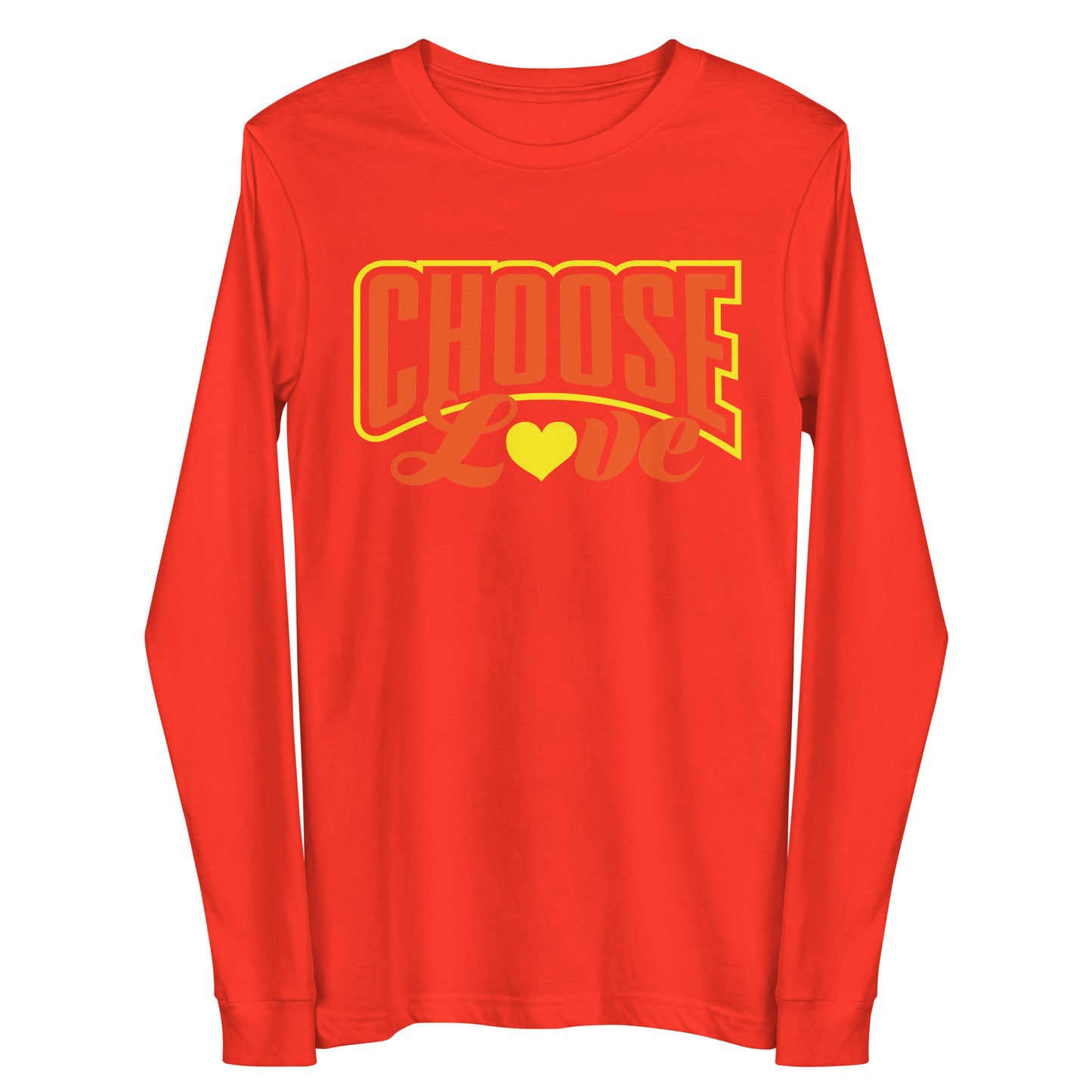 deep orange long-sleeve t-shirt with 'CHOOSE LOVE' orange and yellow text and yellow heart symbol replacing the "o" in love on a white background