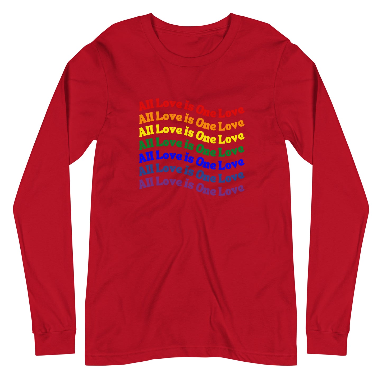 red long sleeve t-shirt with "all love is one love" in rainbow gradient graphic