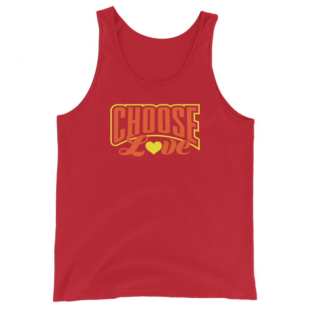 red tank top with 'CHOOSE LOVE' orange and yellow text and yellow heart symbol replacing the "o" in love on a white background