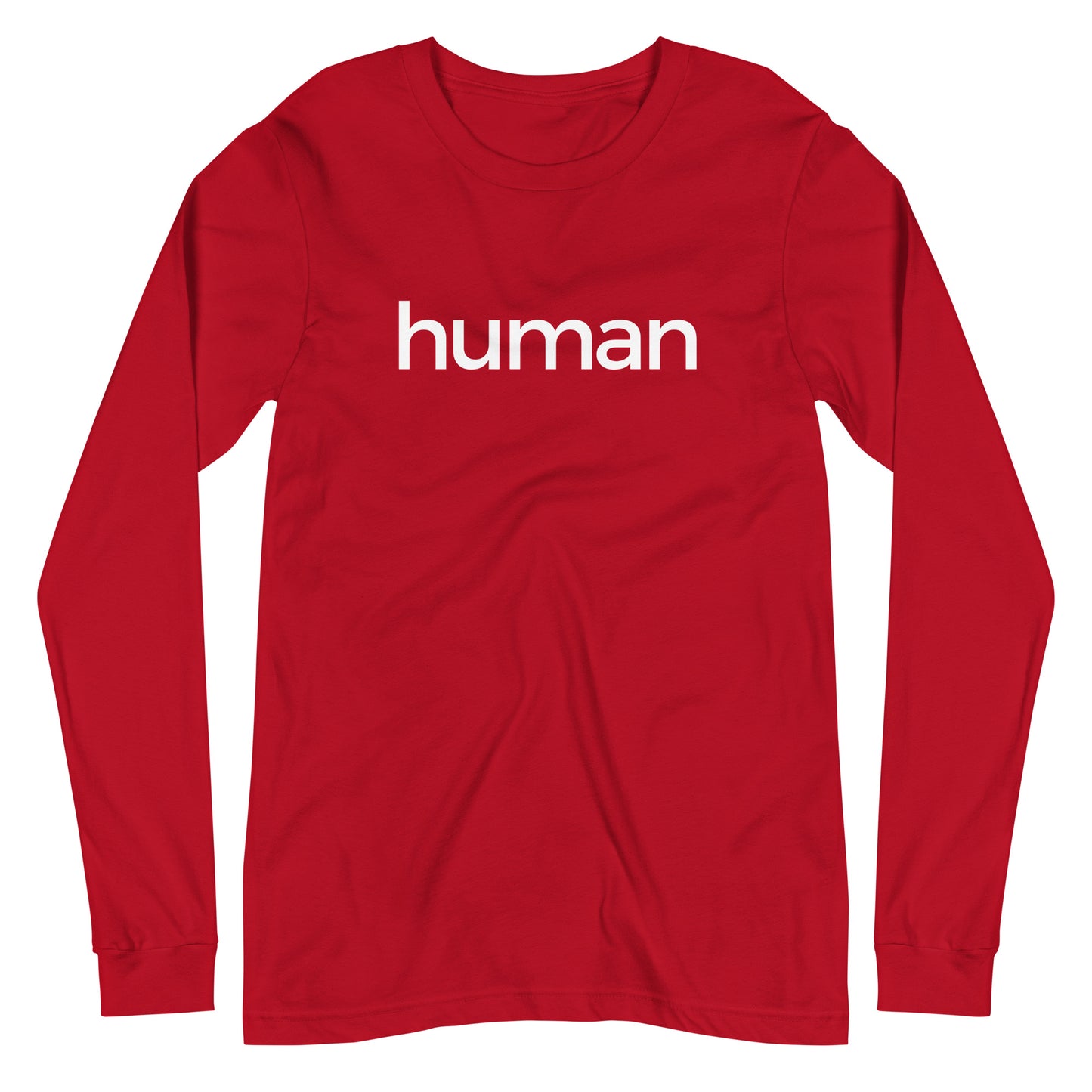 red long sleeve "human" graphic t-shirt against a white background