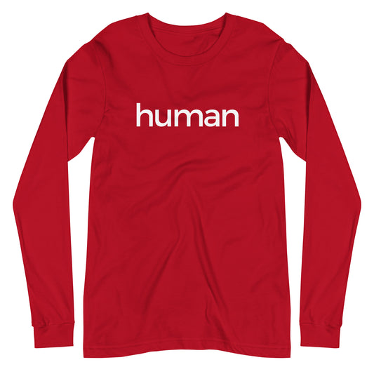 red long sleeve "human" graphic t-shirt against a white background