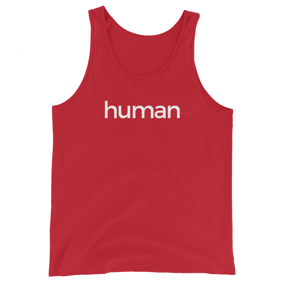 red tank top with 'human' white text on a white background