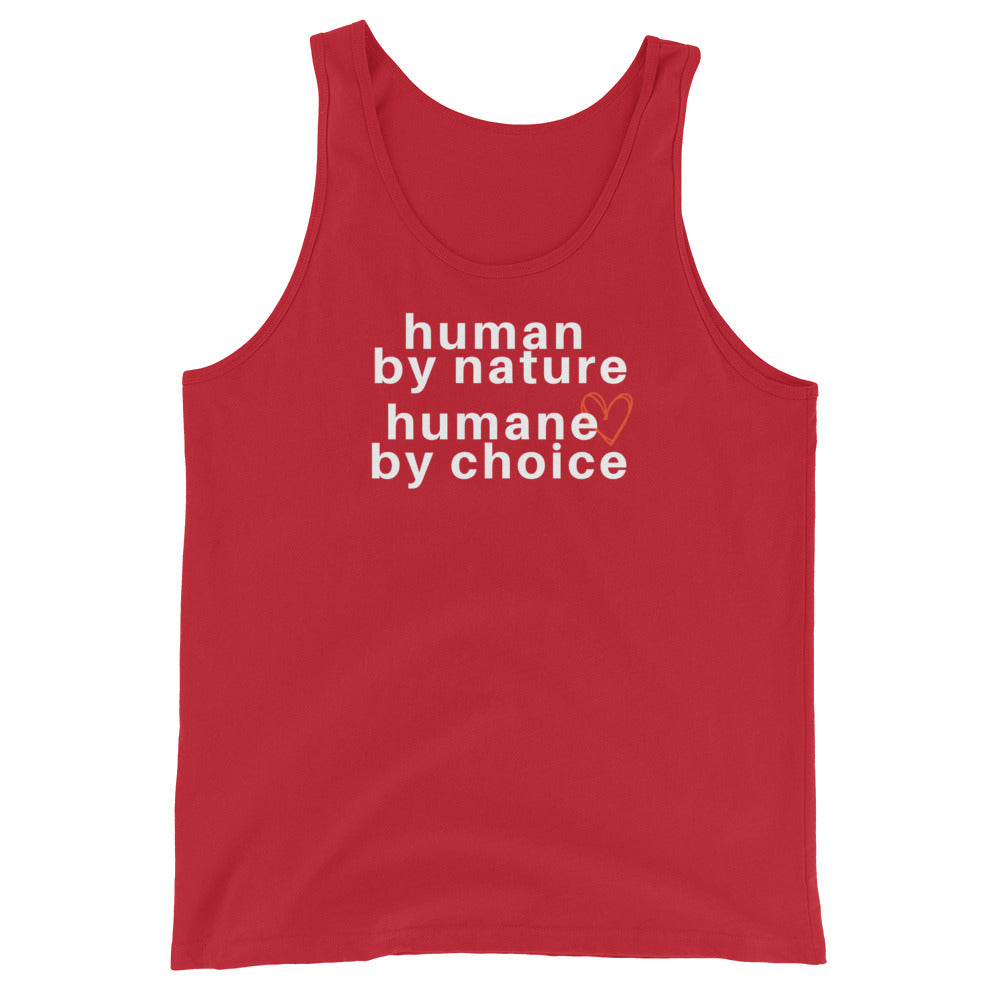 red tank top with text 'human by nature, humane by choice' on a white background