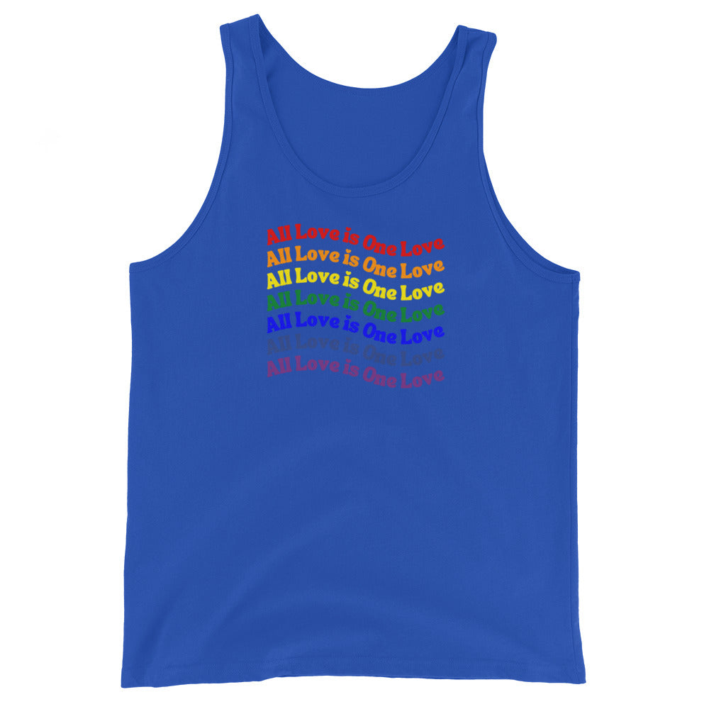 royal blue tank top with 'All Love is One Love' text in rainbow colors on a white background