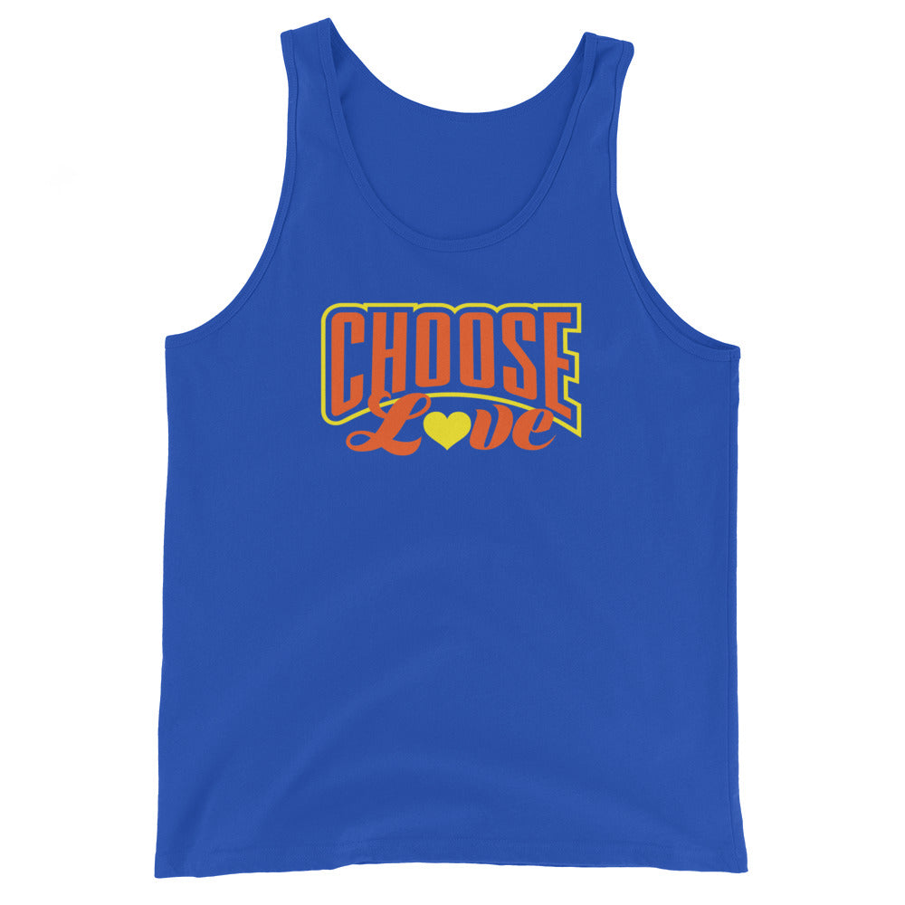 royal blue tank top with 'CHOOSE LOVE' orange and yellow text and yellow heart symbol replacing the "o" in love on a white background