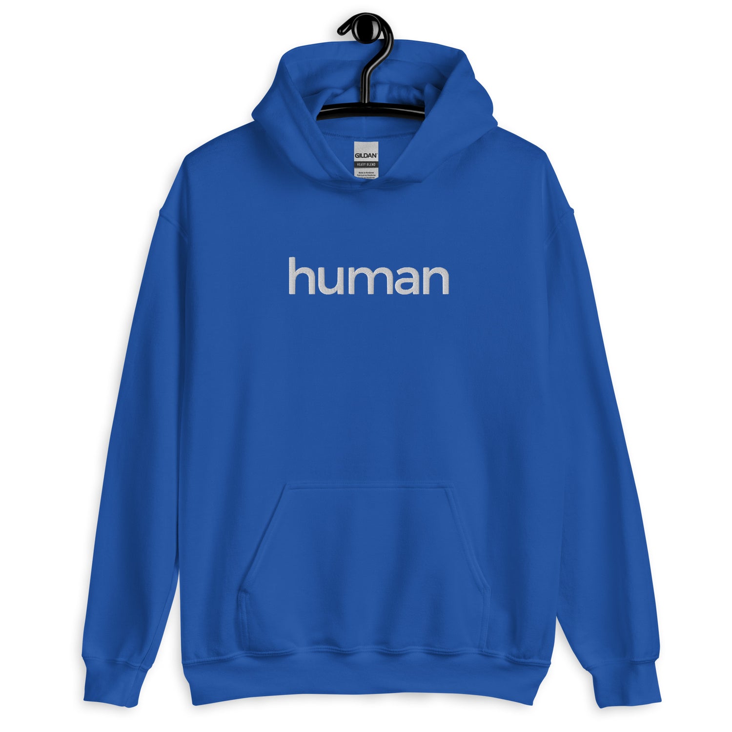 royal blue hoodie with "human" printed on front in white