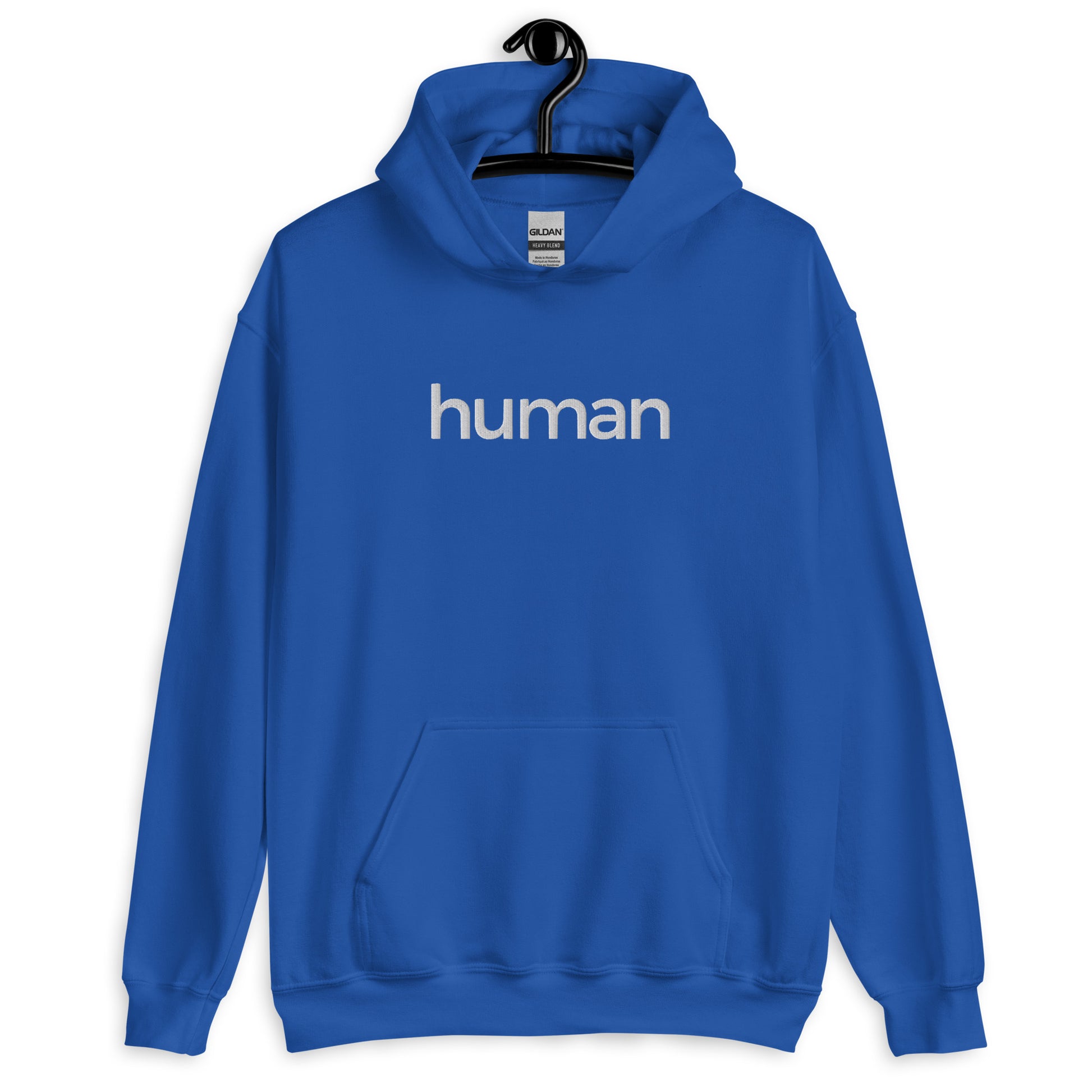 royal blue hoodie with "human" printed on front in white