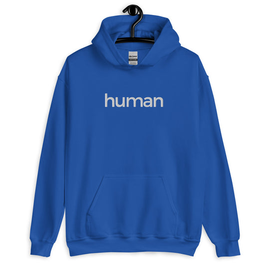 royal blue hoodie with "human" printed on front in white