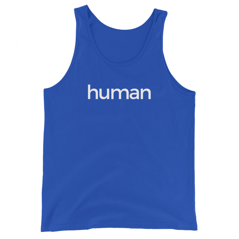 Blue tank top with 'human' white text on a white background