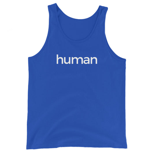 Blue tank top with 'human' white text on a white background