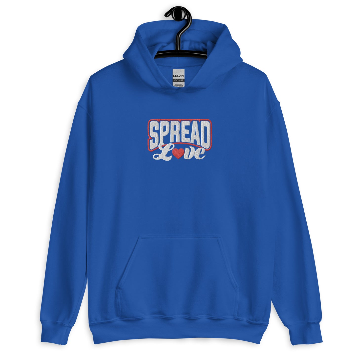 A royal blue hoodie with 'SPREAD LOVE' text in red and white with red heart symbol instead of the 'o' on the front.