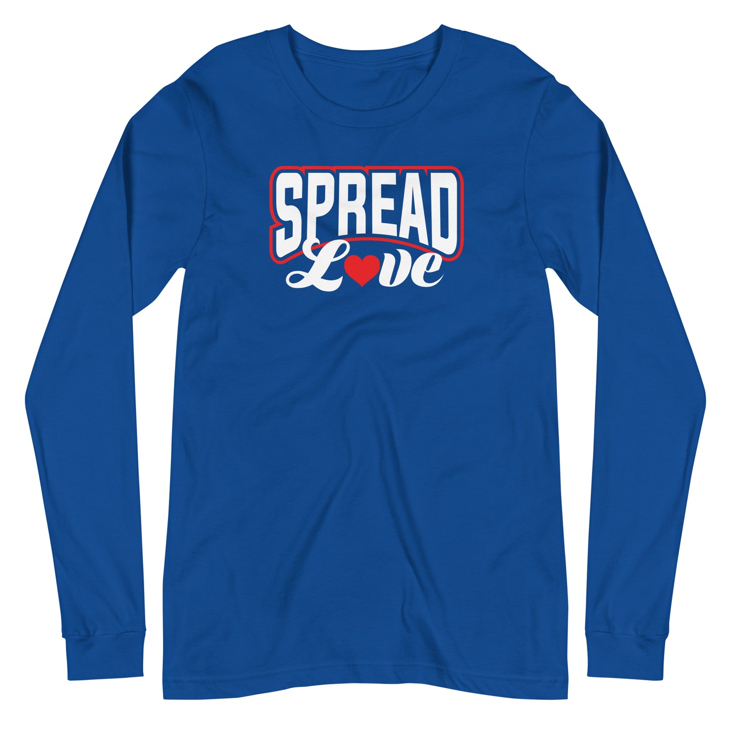 royal blue long sleeve t-shirt with "spread love" graphic with red heart replacing the "o" against a white background