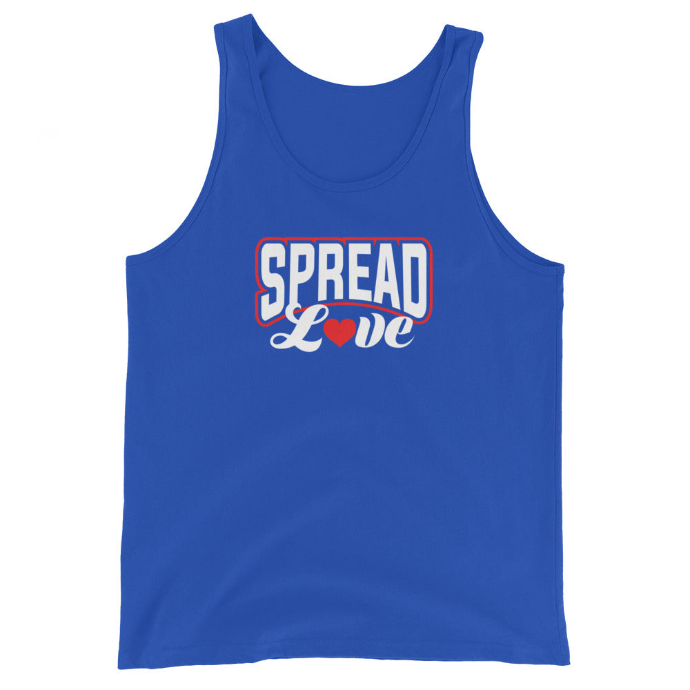 royal blue tank top with 'Spread Love' red and white text and red heart replacing the "o" in love on a white background