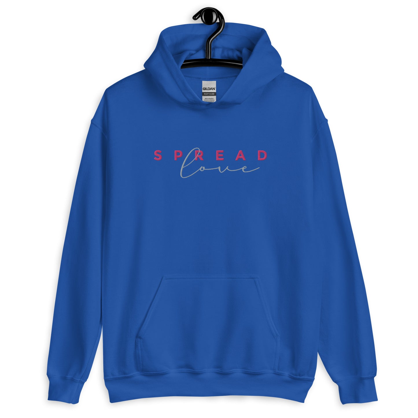 A royal blue hoodie with the text 'SPREAD LOVE' in red and gray on the front.