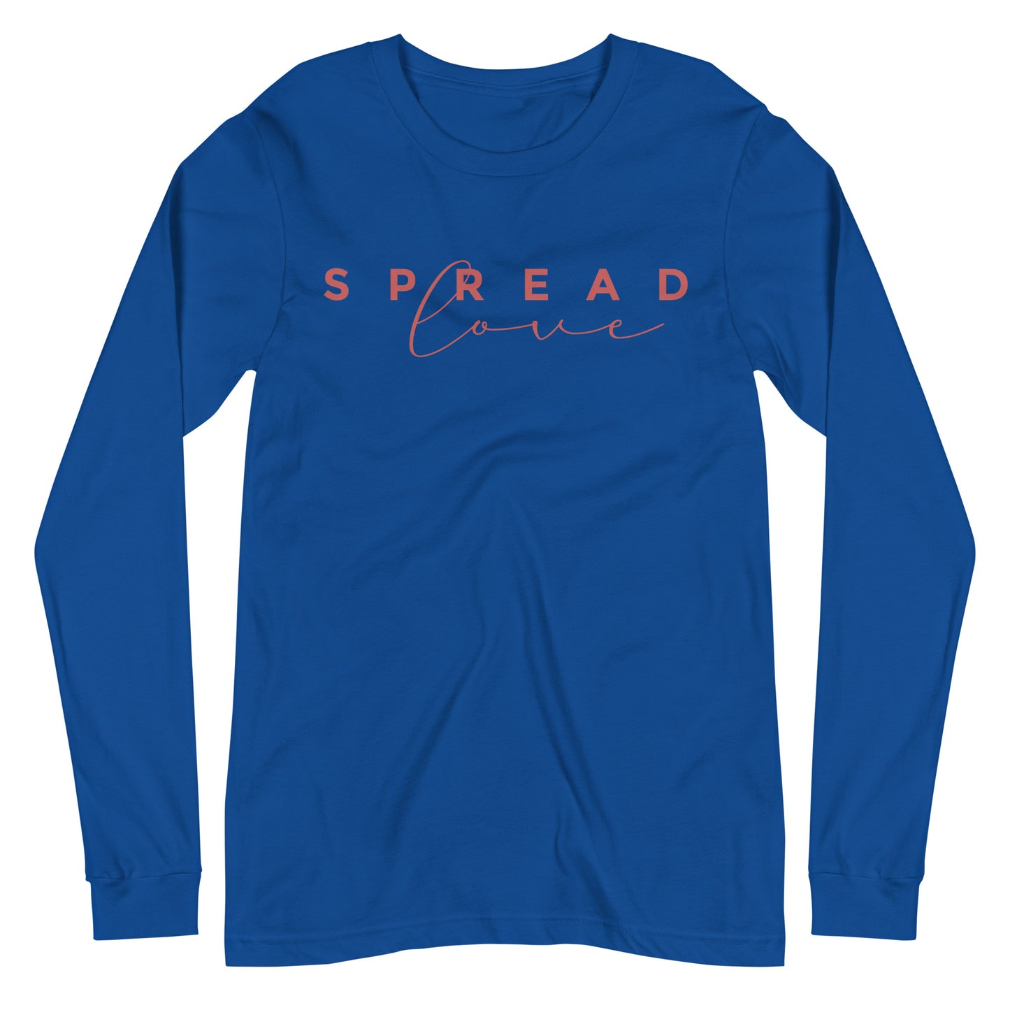 long sleeve royal blue "spread love" graphic t-shirt against a white background