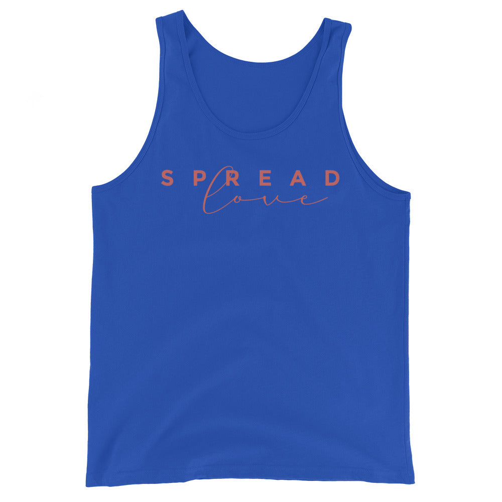 royal blue tank top with 'SPREAD LOVE' text in pink on a white background