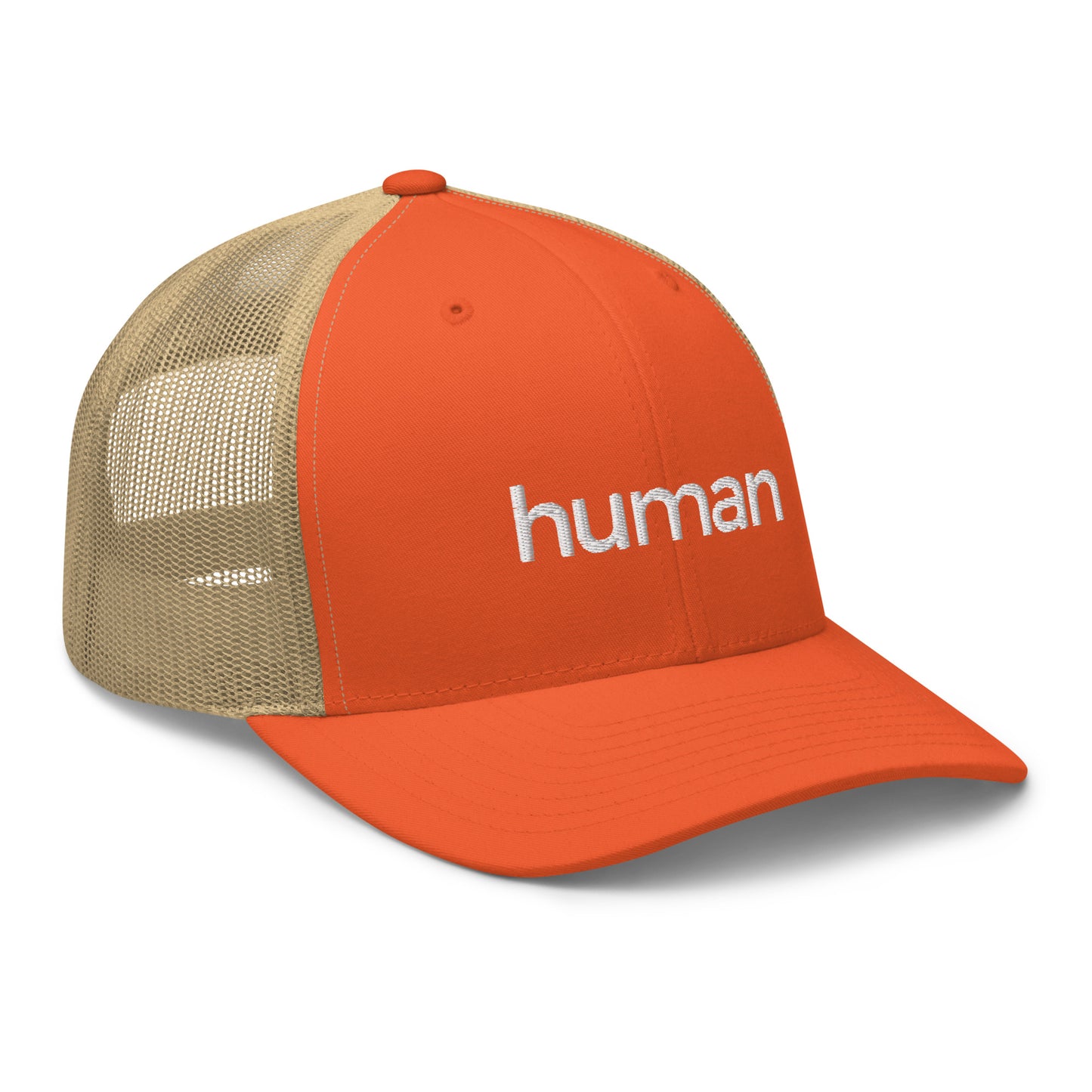 rustic orange khaki human retro trucker hat against white backgound