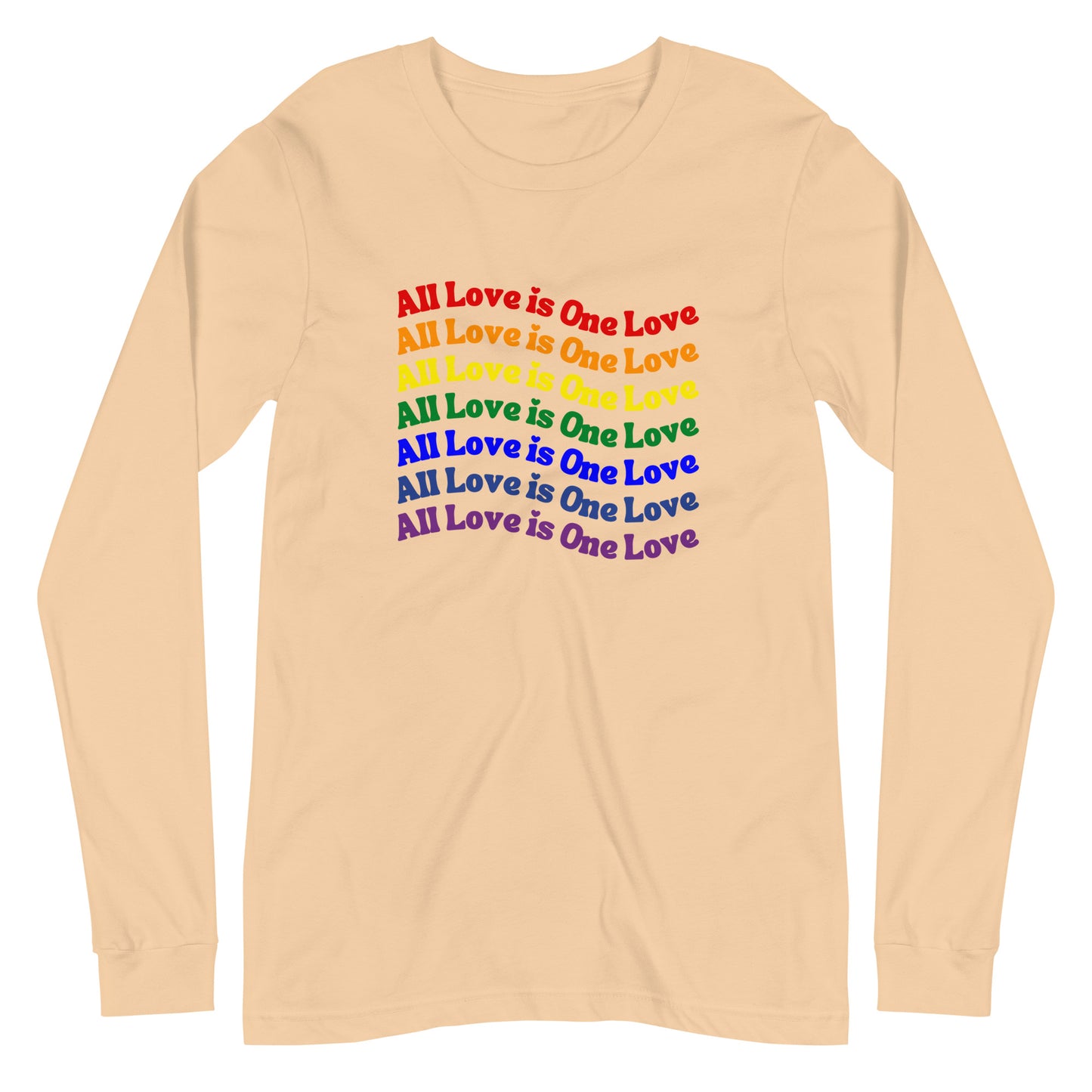 sand dune long sleeve t-shirt with "all love is one love" graphic in rainbow gradient