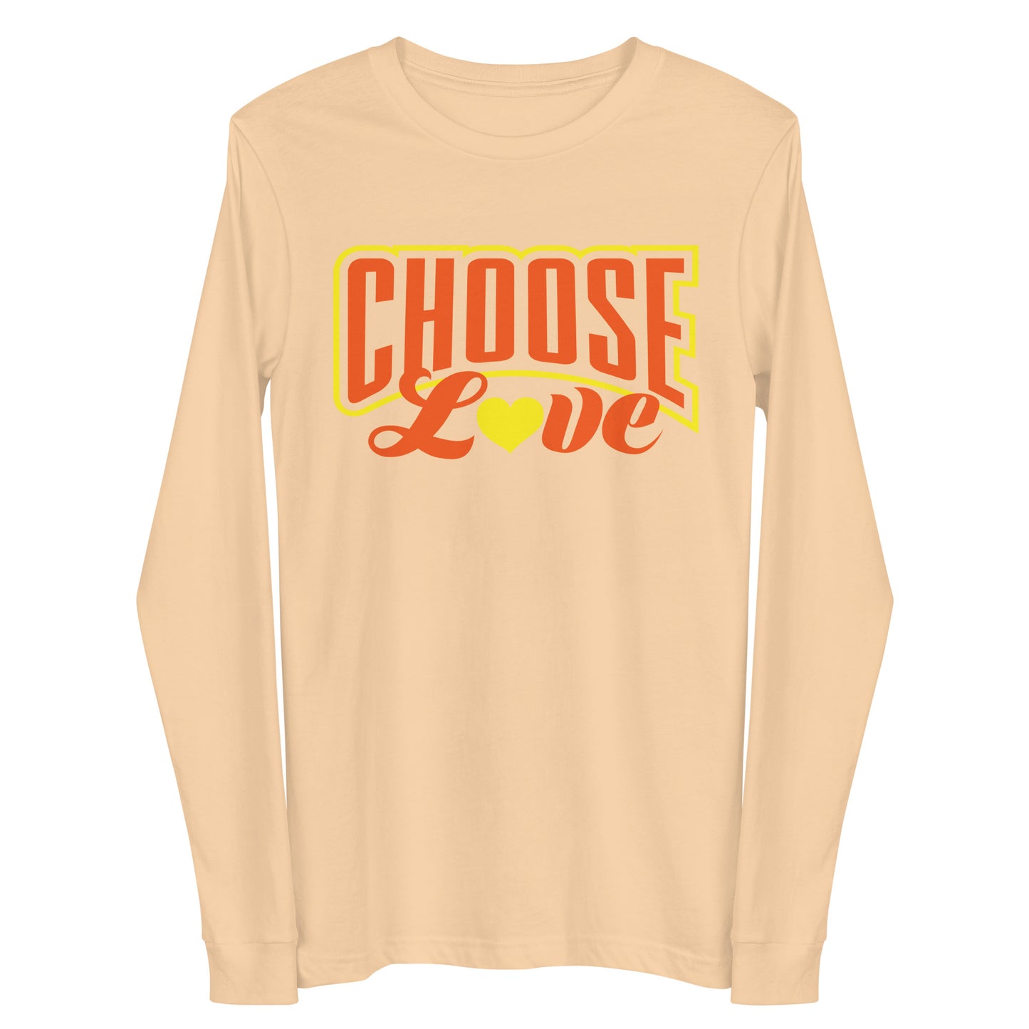 sand colored long-sleeve t-shirt with 'CHOOSE LOVE' orange and yellow text and yellow heart symbol replacing the "o" in love on a white background