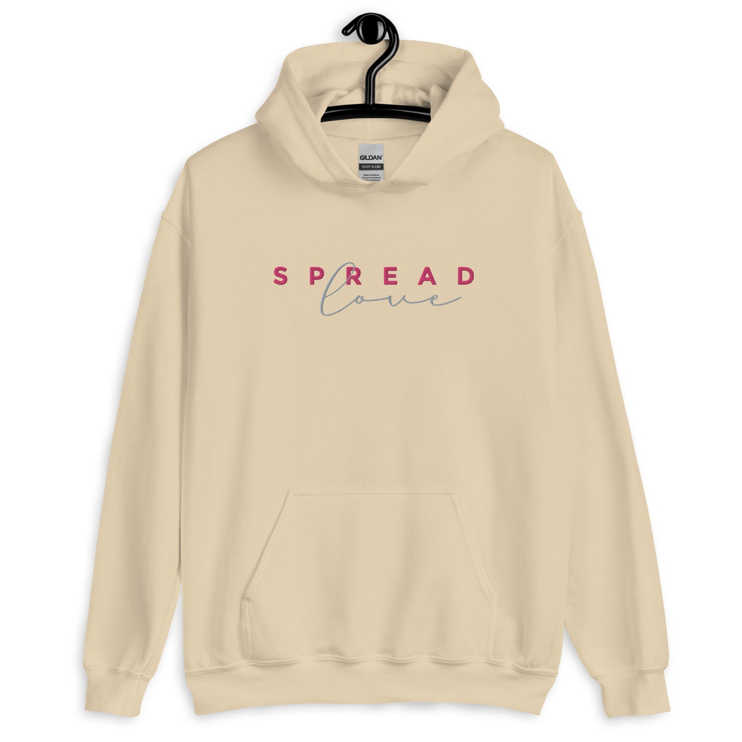 A sand colored hoodie with the text 'SPREAD LOVE' in red and gray on the front.