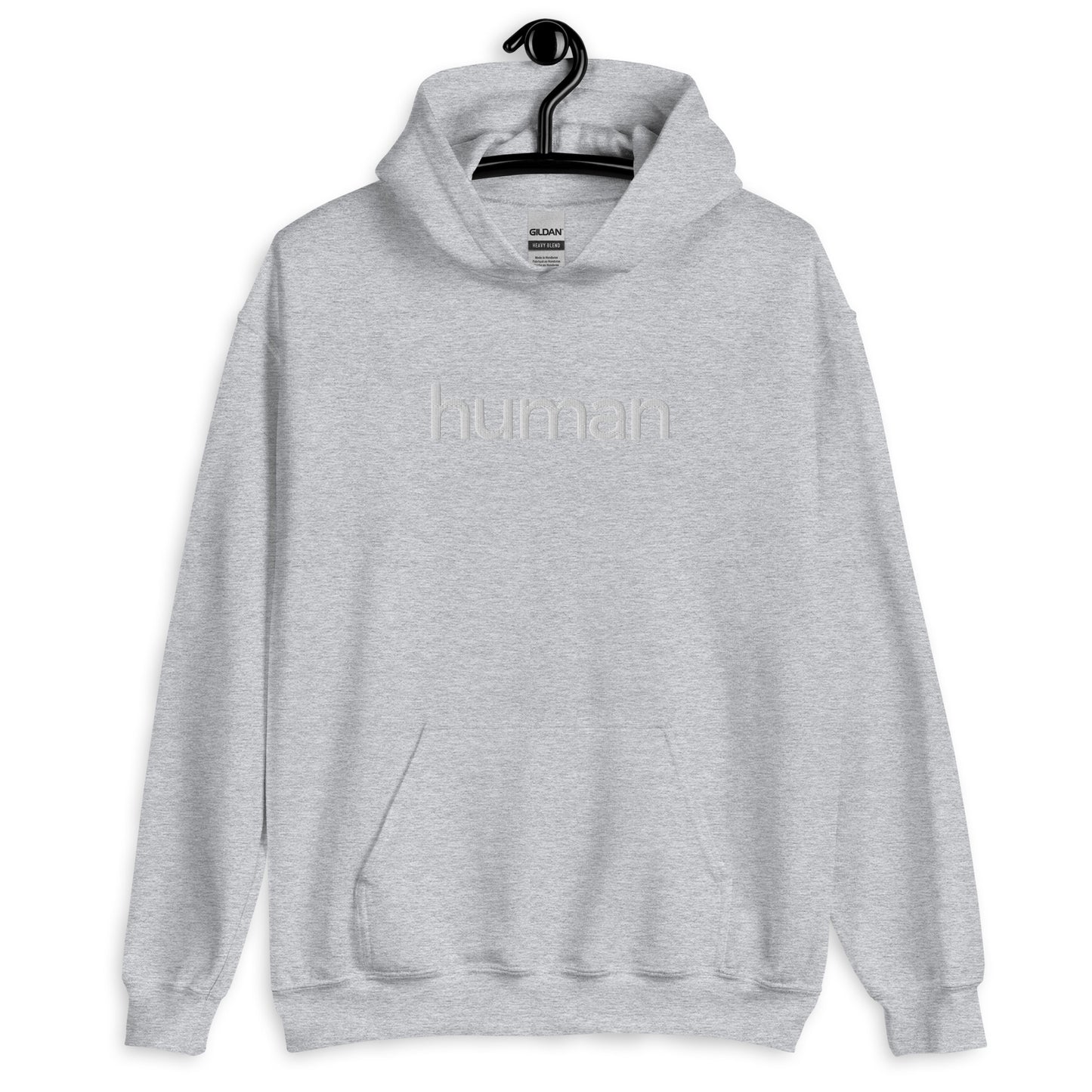 light grey hoodie with "human" printed on front in white