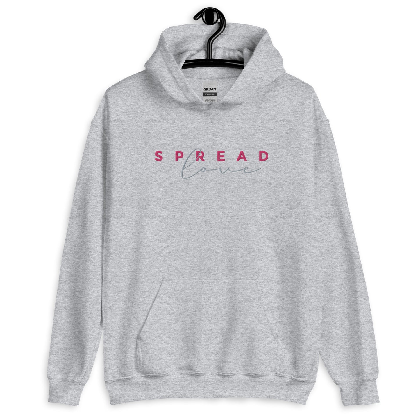 A light grey hoodie with the text 'SPREAD LOVE' in red and gray on the front.