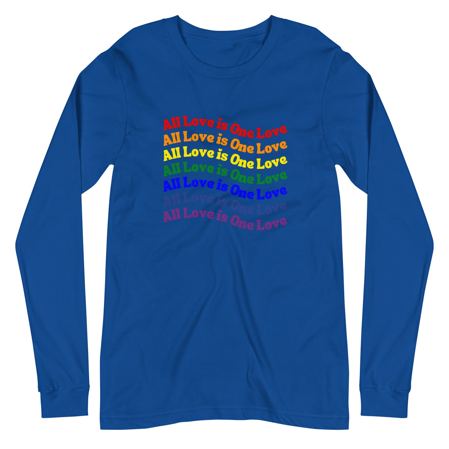 royal blue long sleeve t-shirt with "all love is one love" graphic