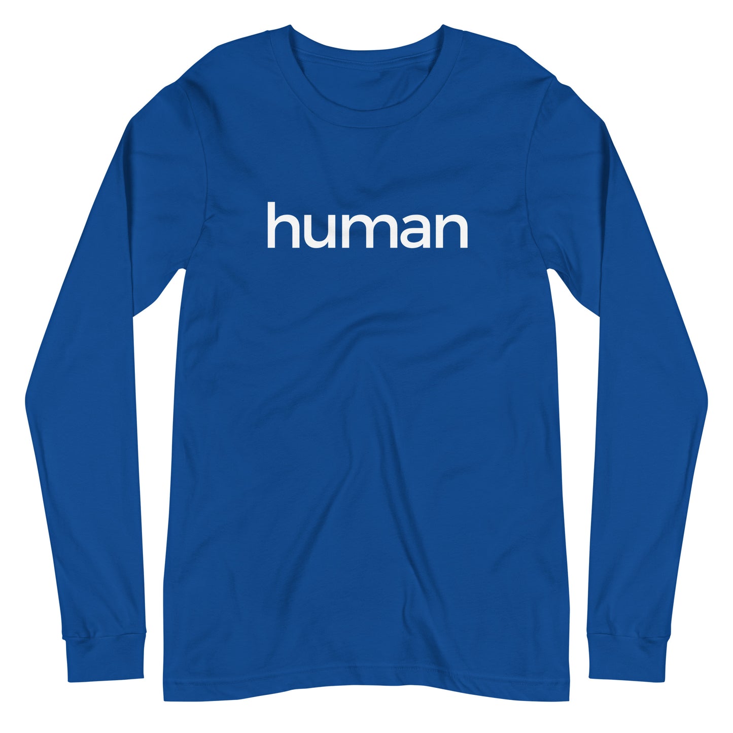 royal blue long sleeve "human" graphic t-shirt against a white background