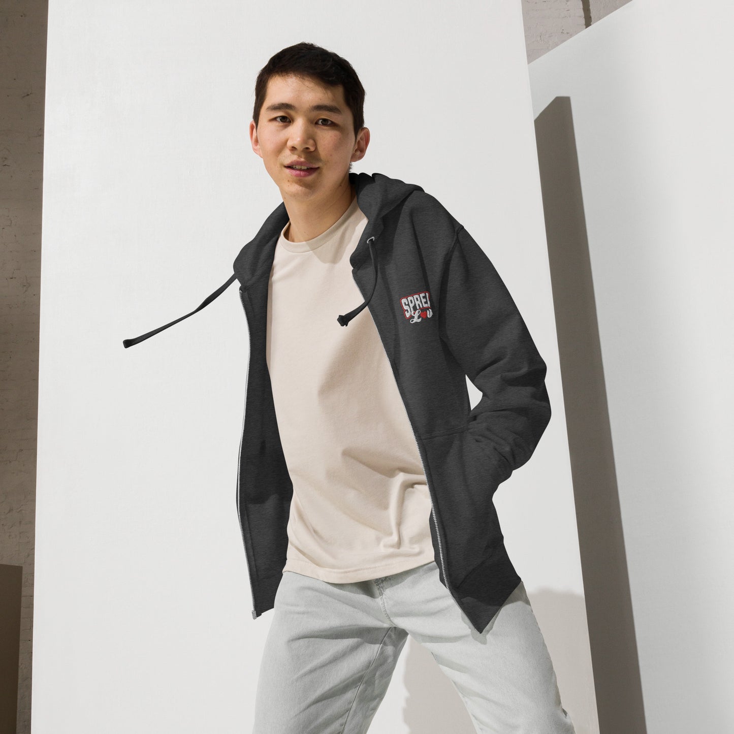 young man wearing charcoal nelalena zip fleece spread love heart hoodie