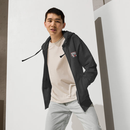 young man wearing charcoal nelalena zip fleece spread love heart hoodie