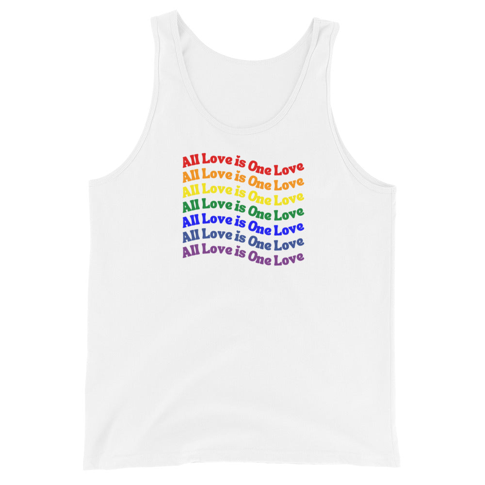 White tank top with 'All Love is One Love' text in rainbow colors on a white background