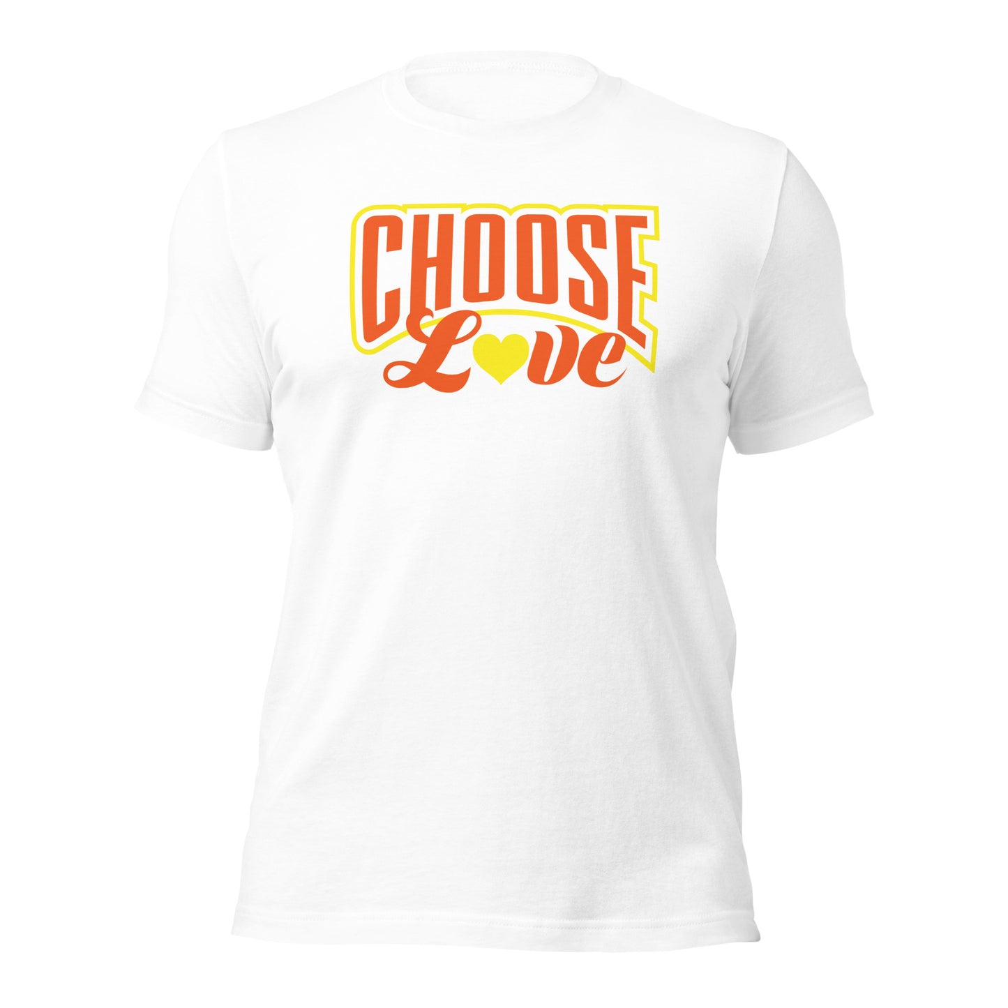 White t-shirt with 'CHOOSE LOVE' orange and yellow text and yellow heart graphic on a white background