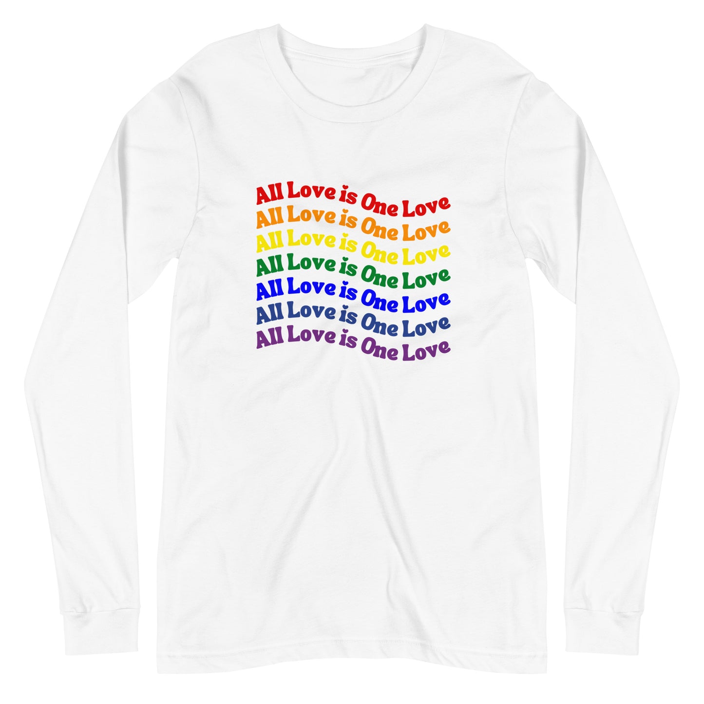 white long sleeve t-shirt with "all love is one love" graphic in rainbow gradient