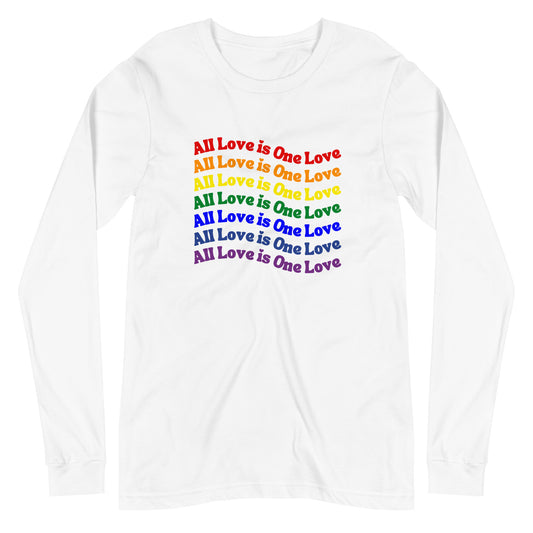 white long sleeve t-shirt with "all love is one love" graphic in rainbow gradient