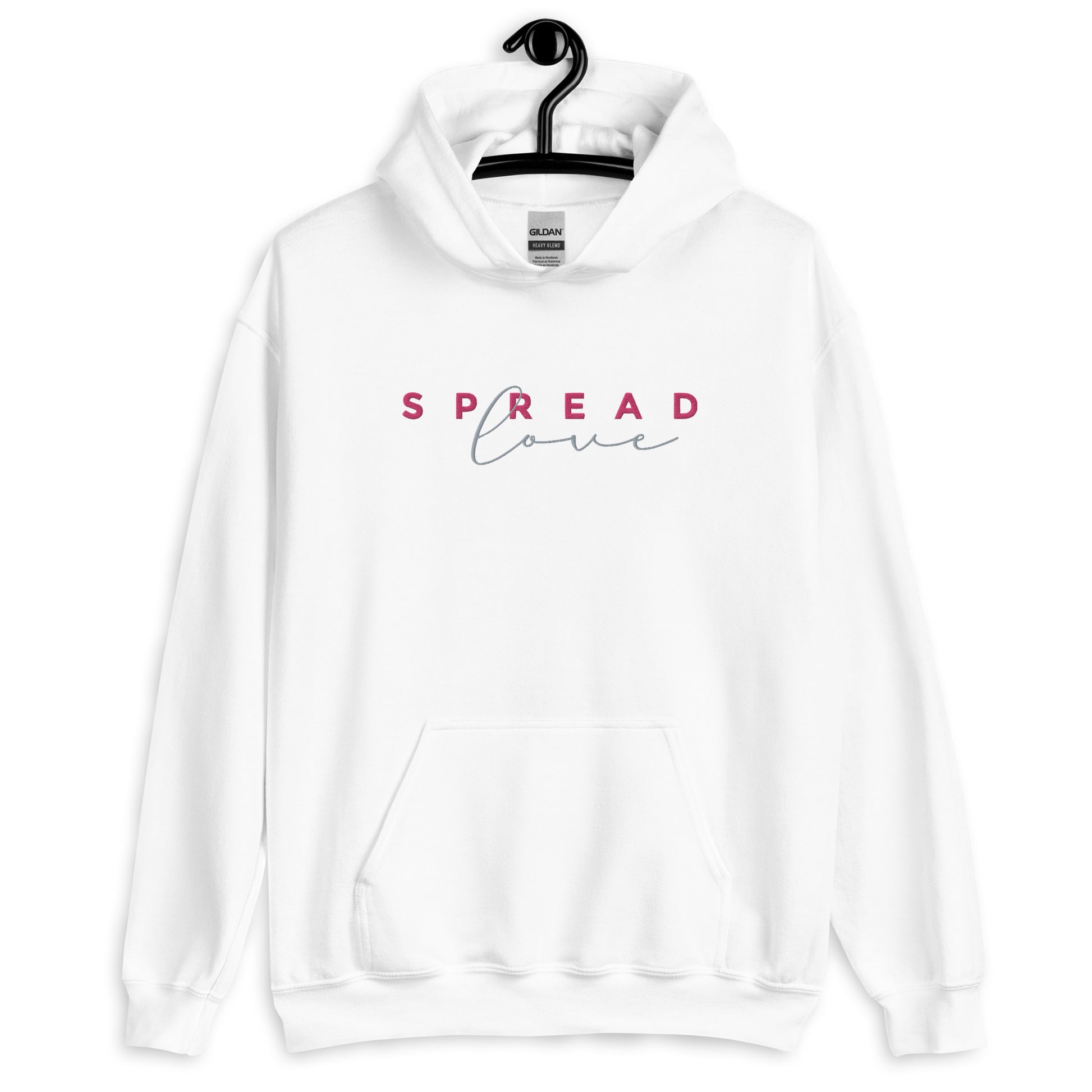 A white hoodie with the text 'SPREAD LOVE' in red and gray on the front.