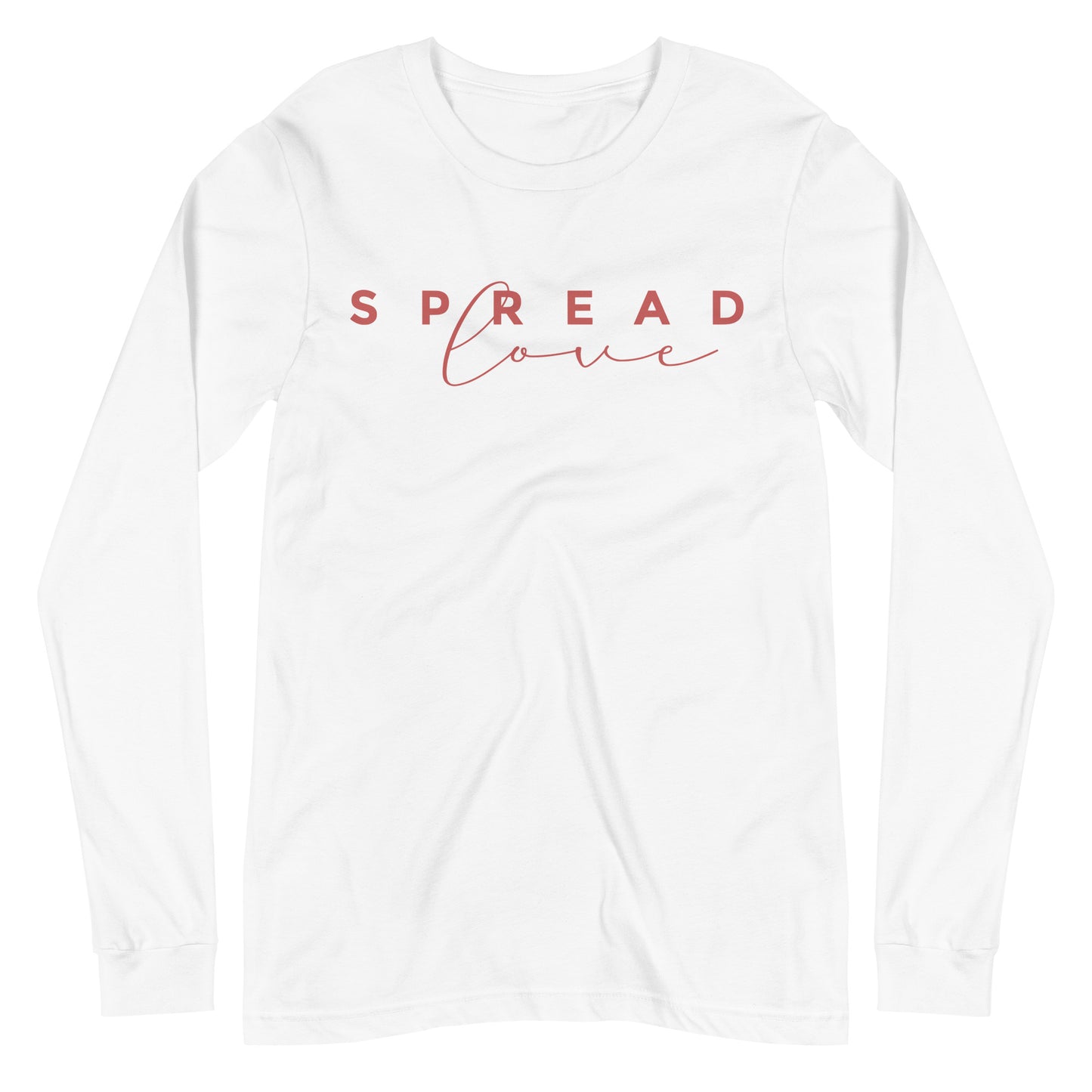 long sleeve white "spread love" graphic t-shirt against a white background