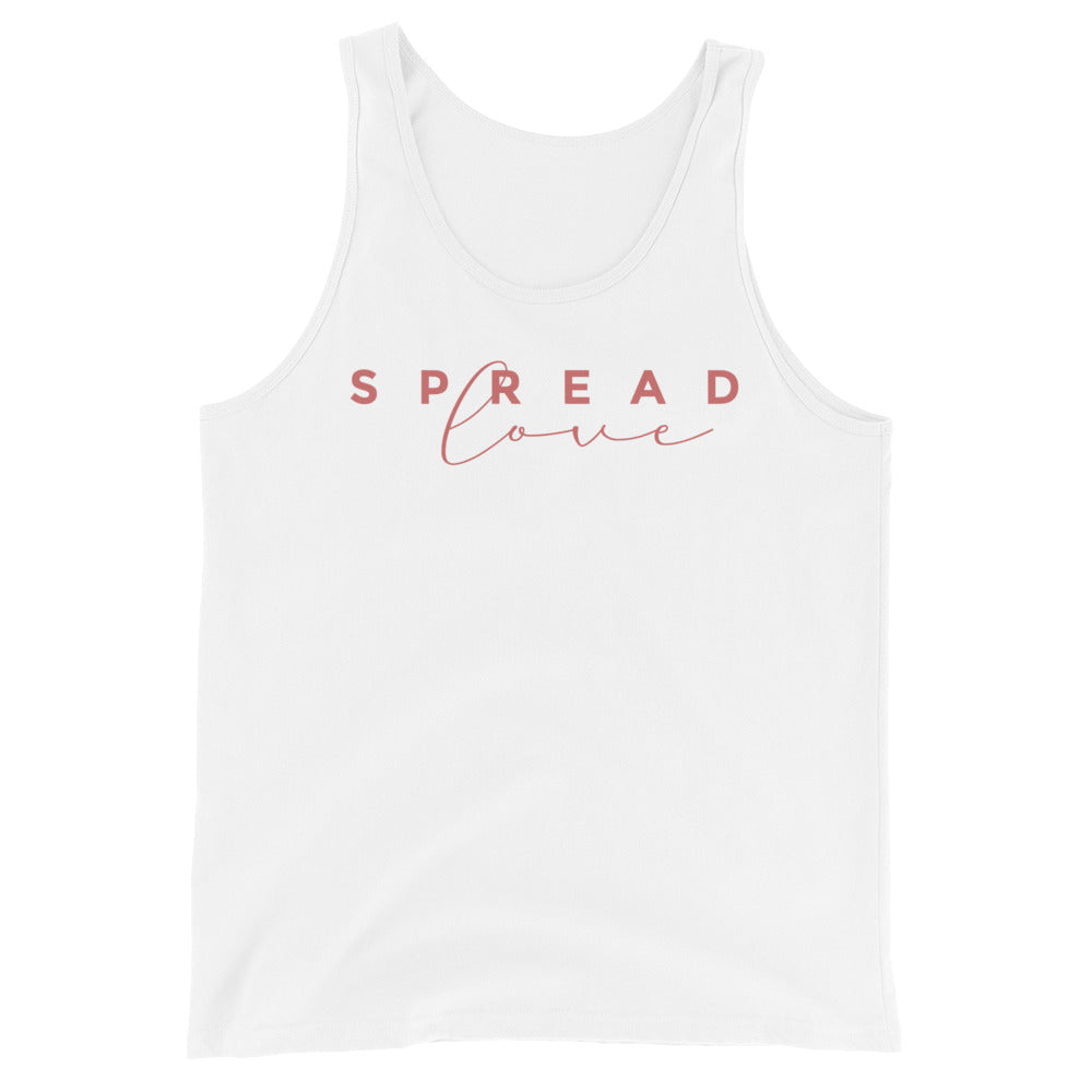 white tank top with 'SPREAD LOVE' text in pink on a white background