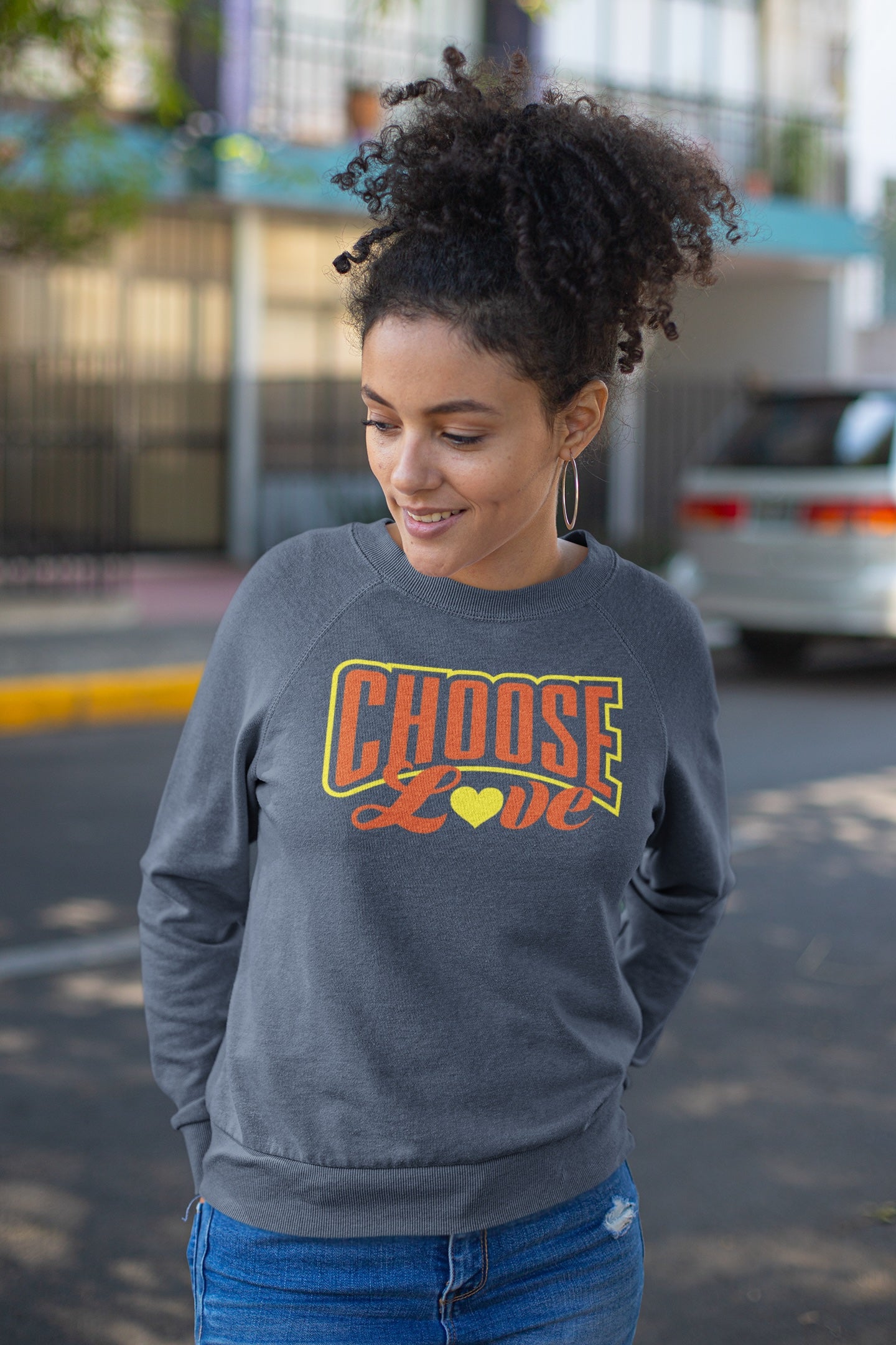 woman wearing gray Nelalena Choose Love sweatshirt