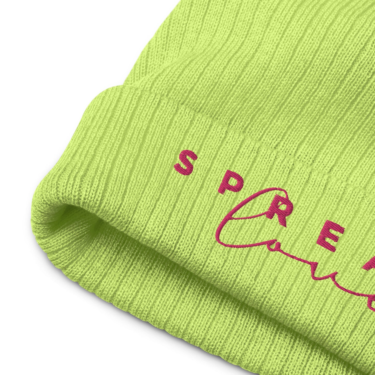 An acid green ribbed knit beanie with the word 'Spread Love' written on the fold.