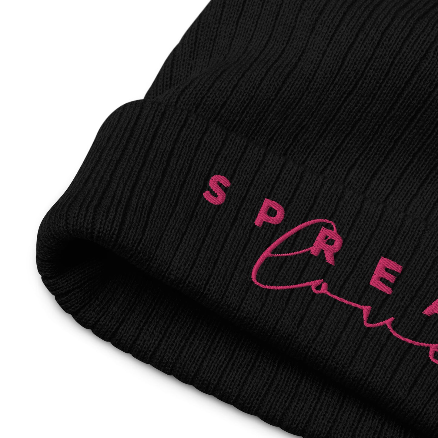 Ablack ribbed knit beanie with the word 'Spread Love' written on the fold.